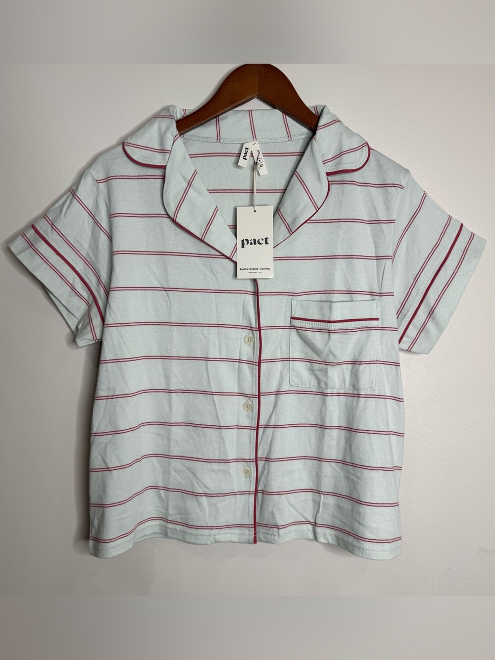 NWT Pact Organic Cotton Blue Red Striped Button Up Pajama Shirt Medium